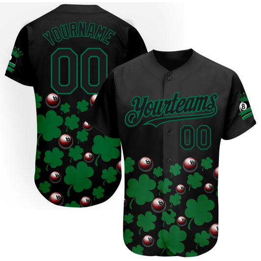 Custom Black Green 3D Pattern Design Clovers And Billiards Balls St. Patrick's Day Authentic Baseball Jersey - Sky-Custom