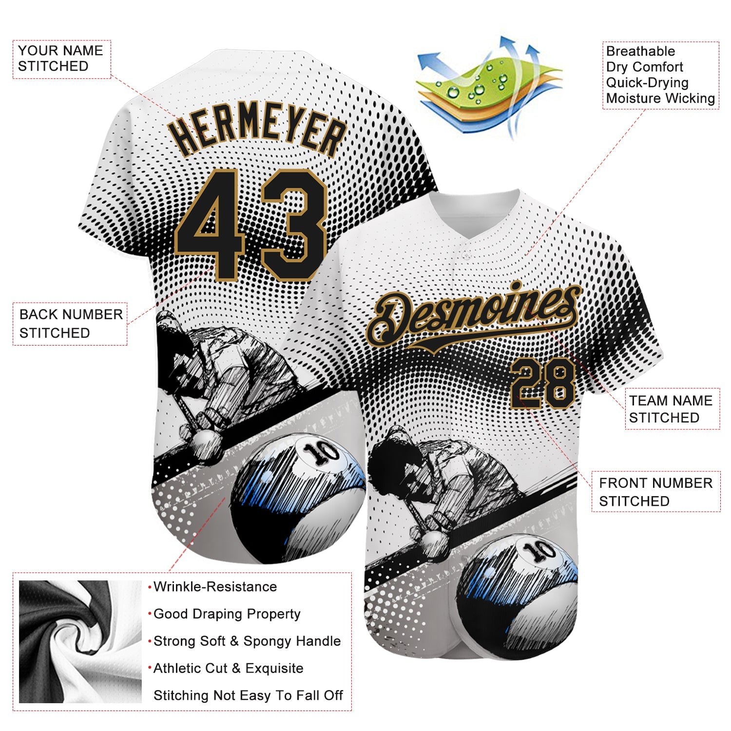 Custom White Black-Old Gold 3D Pattern Design Billiards Authentic Baseball Jersey - Sky-Custom