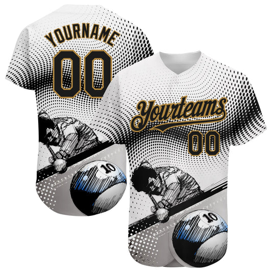 Custom White Black-Old Gold 3D Pattern Design Billiards Authentic Baseball Jersey - Sky-Custom