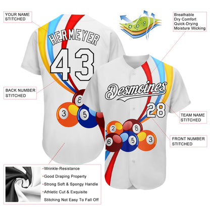 Custom White Black 3D Pattern Design Billiards Authentic Baseball Jersey - Sky-Custom