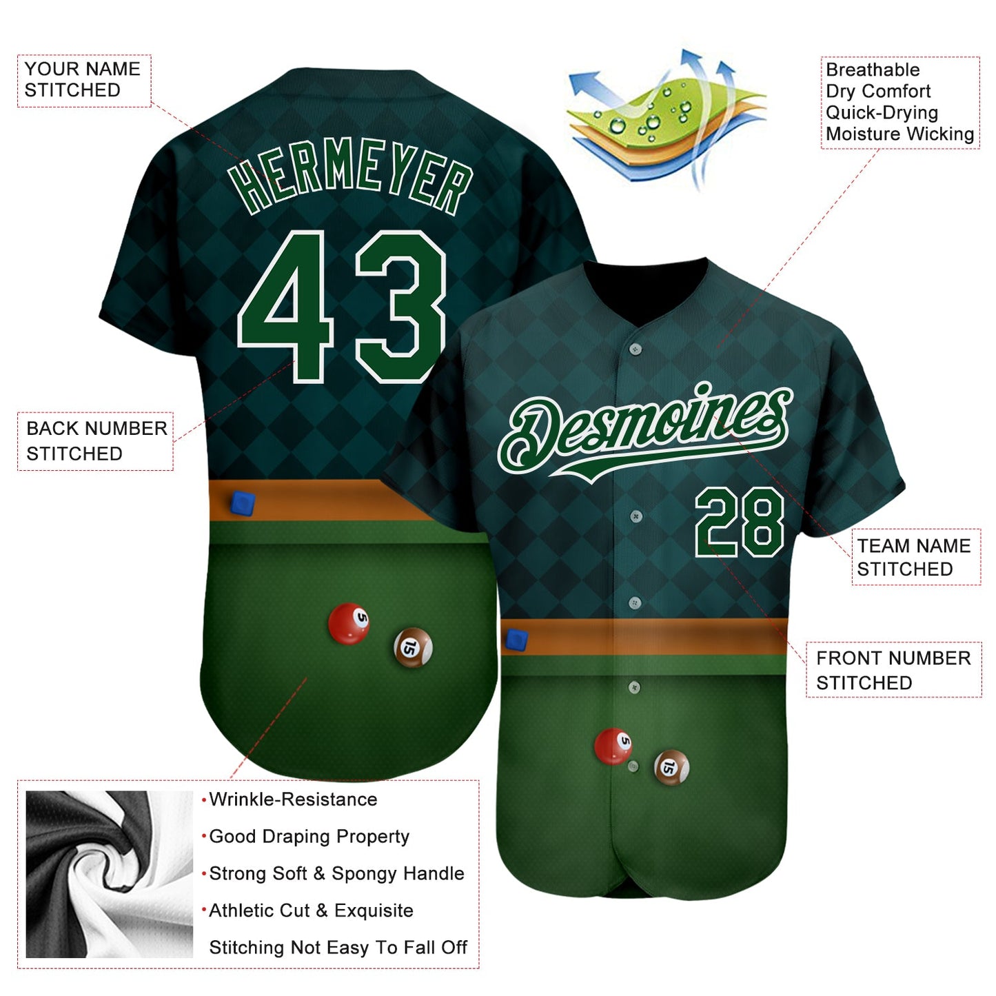 Custom Green White 3D Pattern Design Billiards Authentic Baseball Jersey - Sky-Custom