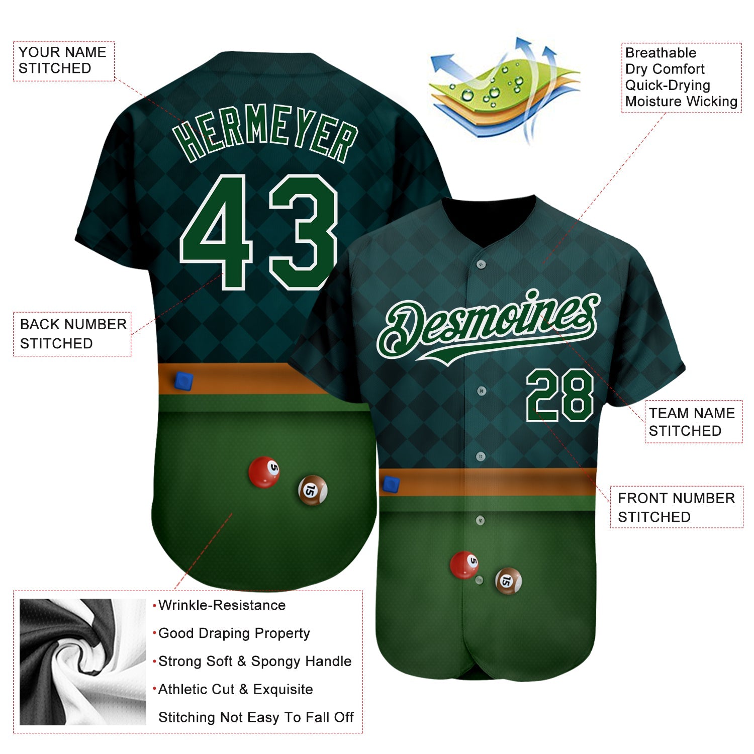 Custom Green White 3D Pattern Design Billiards Authentic Baseball Jersey - Sky-Custom