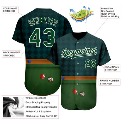 Custom Green White 3D Pattern Design Billiards Authentic Baseball Jersey - Sky-Custom