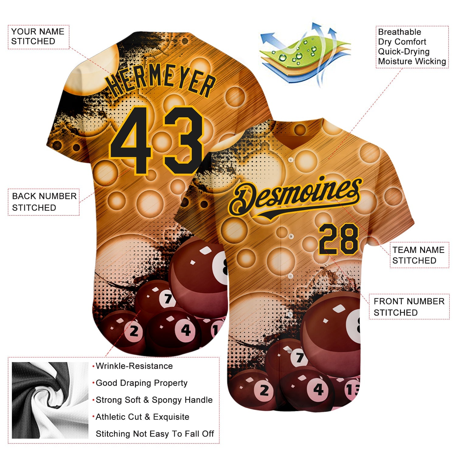 Custom Gold Black 3D Pattern Design Billiards Authentic Baseball Jersey - Sky-Custom