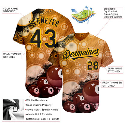 Custom Gold Black 3D Pattern Design Billiards Authentic Baseball Jersey - Sky-Custom