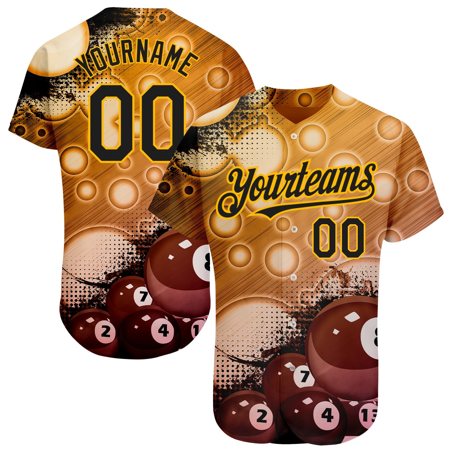 Custom Gold Black 3D Pattern Design Billiards Authentic Baseball Jersey - Sky-Custom