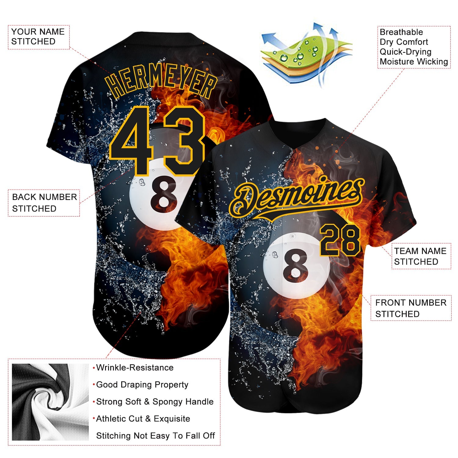 Custom Black Gold 3D Pattern Design Billiards Snooker 8 Ball Authentic Baseball Jersey - Sky-Custom