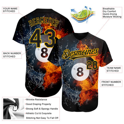 Custom Black Gold 3D Pattern Design Billiards Snooker 8 Ball Authentic Baseball Jersey - Sky-Custom