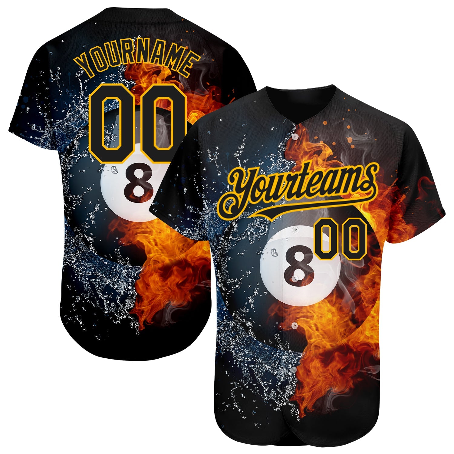 Custom Black Gold 3D Pattern Design Billiards Snooker 8 Ball Authentic Baseball Jersey - Sky-Custom