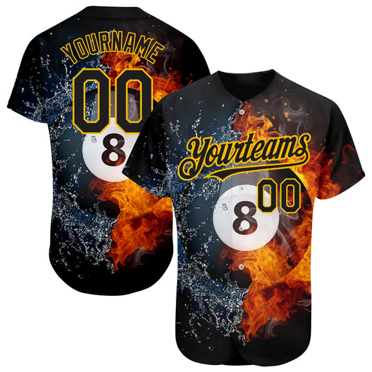 Custom Black Gold 3D Pattern Design Billiards Snooker 8 Ball Authentic Baseball Jersey - Sky-Custom