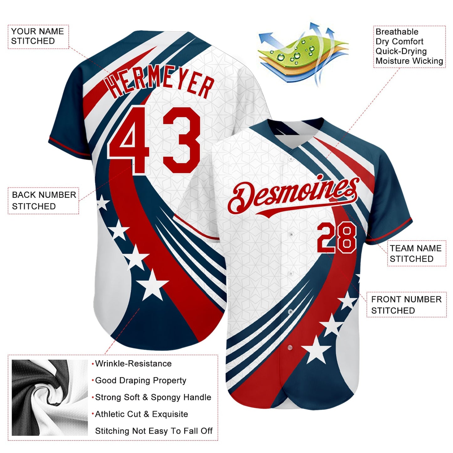 Custom White Red 3D American Flag Authentic Baseball Jersey - Sky-Custom