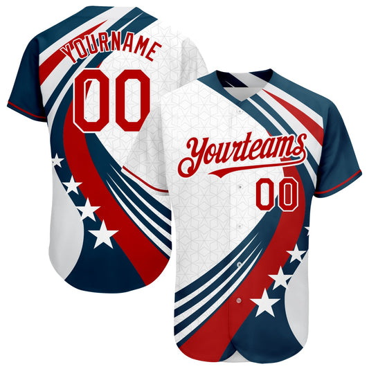 Custom White Red 3D American Flag Authentic Baseball Jersey - Sky-Custom