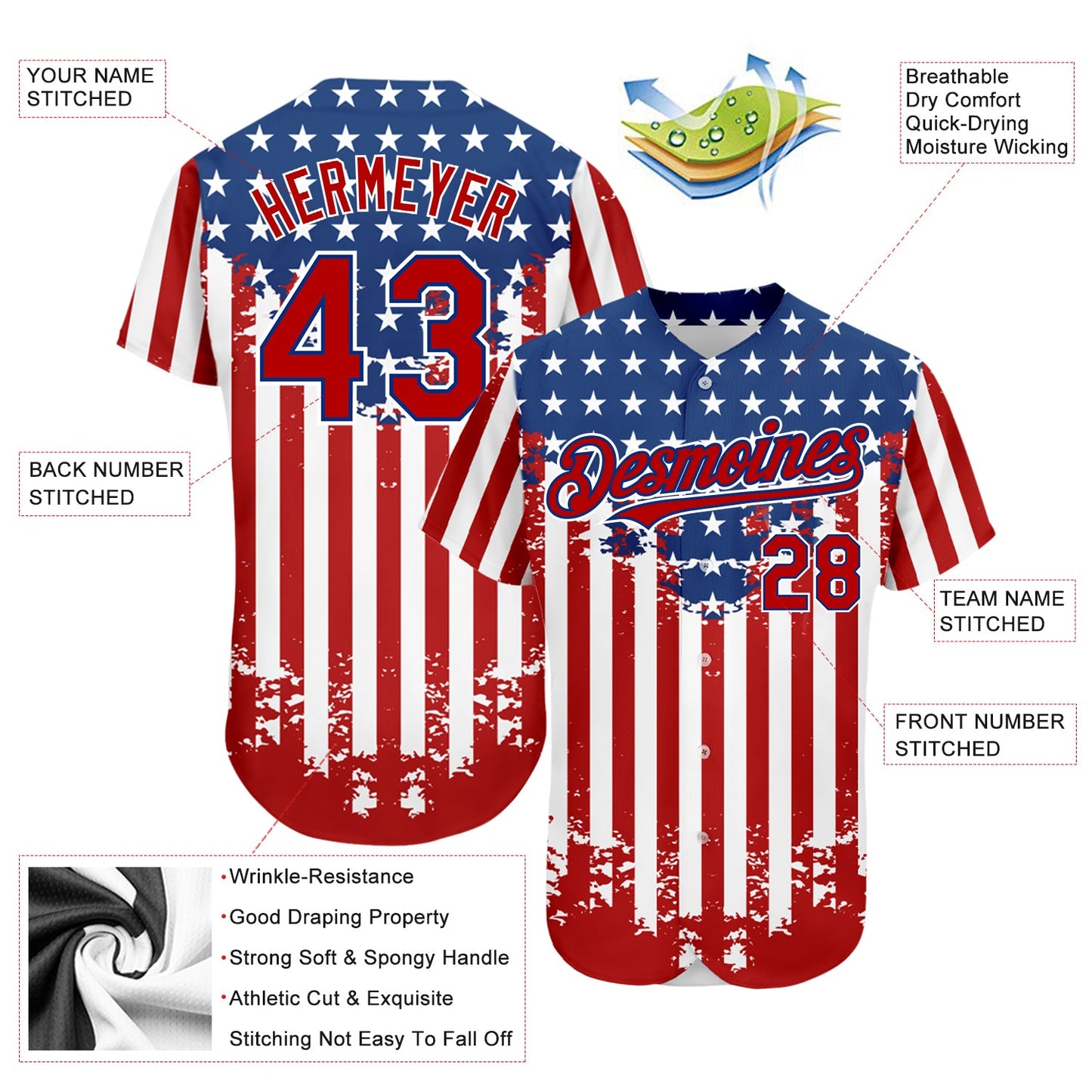Custom Red Royal-White 3D American Flag Authentic Baseball Jersey - Sky-Custom