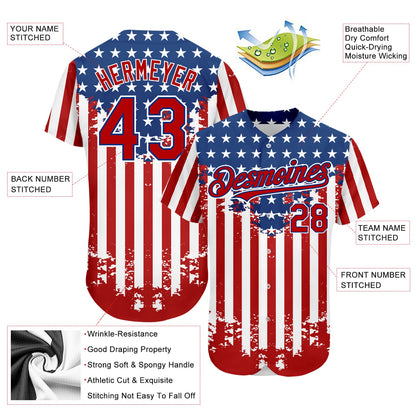 Custom Red Royal-White 3D American Flag Authentic Baseball Jersey - Sky-Custom