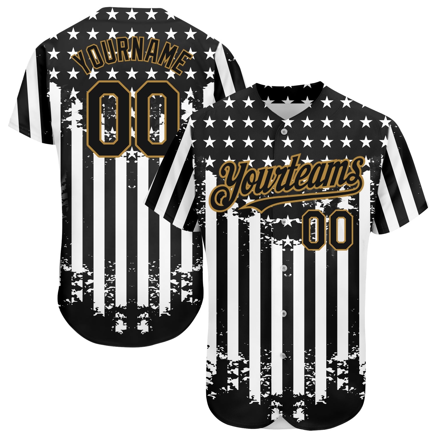 Custom Black Old Gold-White 3D American Flag Authentic Baseball Jersey - Sky-Custom