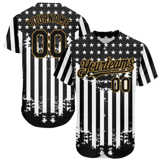 Custom Black Old Gold-White 3D American Flag Authentic Baseball Jersey - Sky-Custom