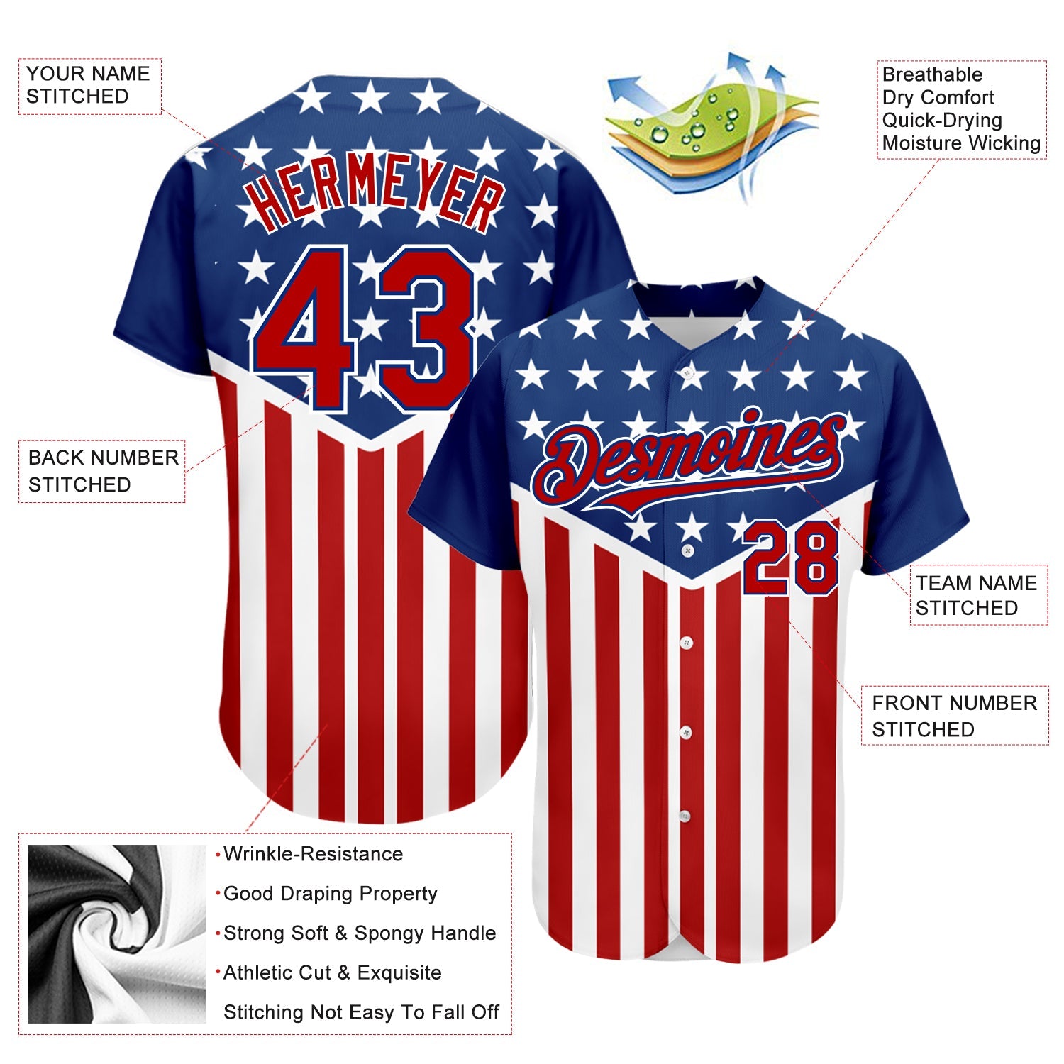 Custom Royal Red-White 3D American Flag Authentic Baseball Jersey - Sky-Custom