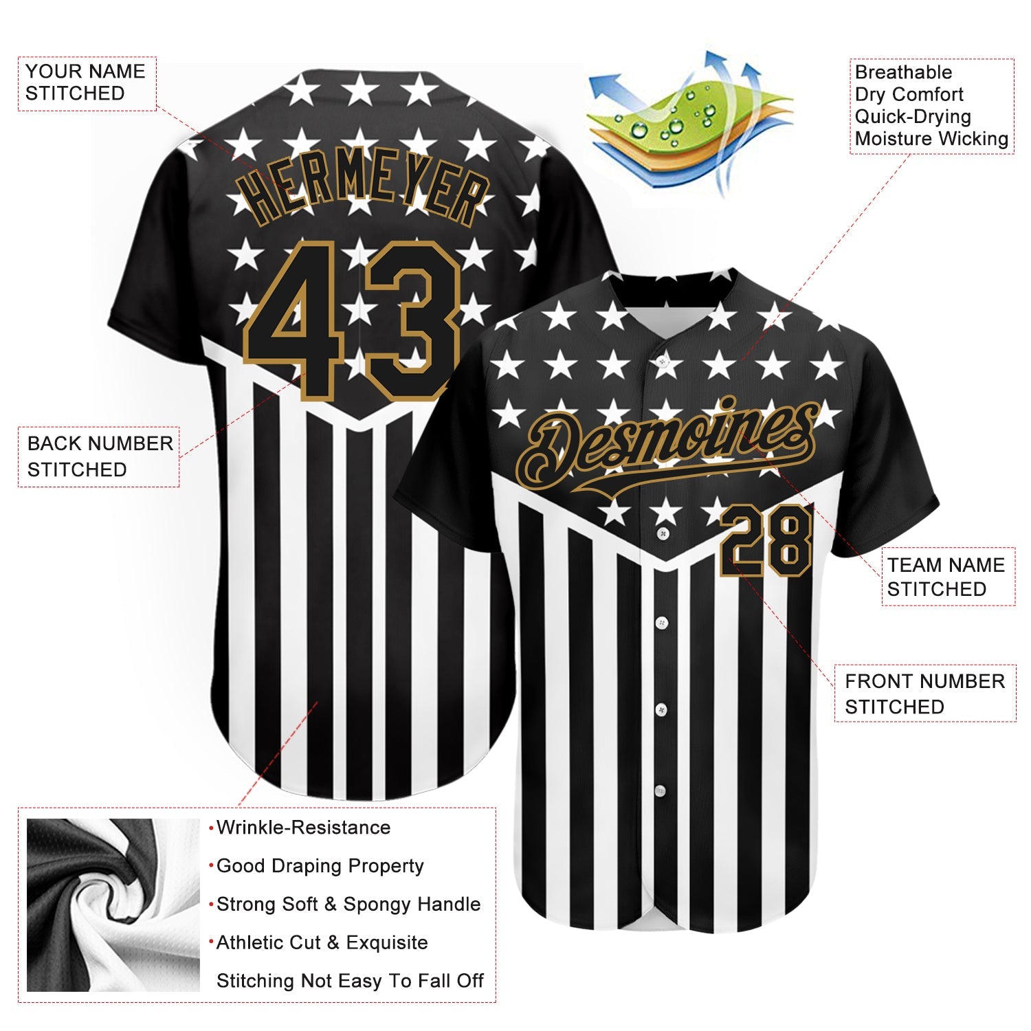 Custom Black Old Gold-White 3D American Flag Authentic Baseball Jersey - Sky-Custom