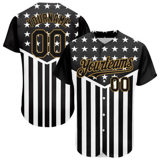 Custom Black Old Gold-White 3D American Flag Authentic Baseball Jersey - Sky-Custom