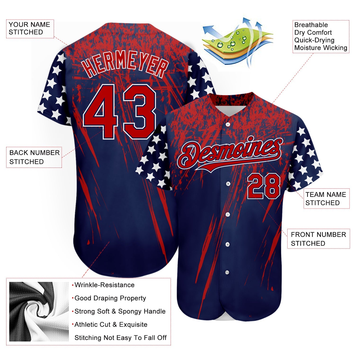 Custom Navy Red-Royal 3D American Flag Authentic Baseball Jersey - Sky-Custom