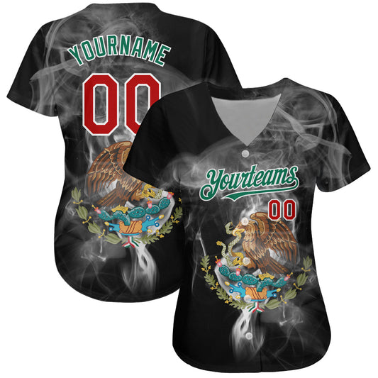 Custom Black Red Kelly Green 3D Mexico Authentic Baseball Jersey - Sky-Custom