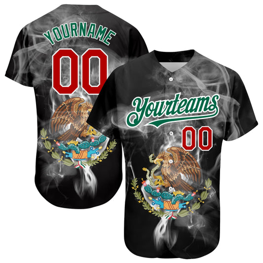 Custom Black Red Kelly Green 3D Mexico Authentic Baseball Jersey - Sky-Custom