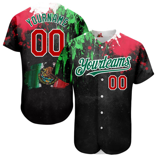 Custom Black Red Kelly Green 3D Mexican Flag Watercolored Splashes Grunge Design Authentic Baseball Jersey - Sky-Custom