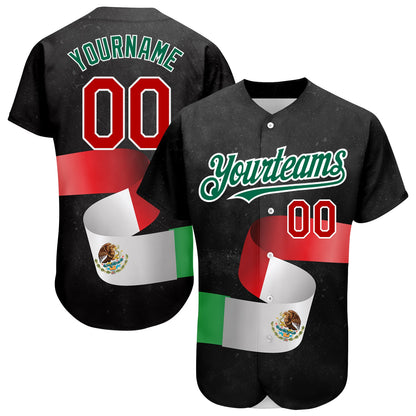 Custom Black Red Kelly Green 3D Mexican Flag Authentic Baseball Jersey - Sky-Custom