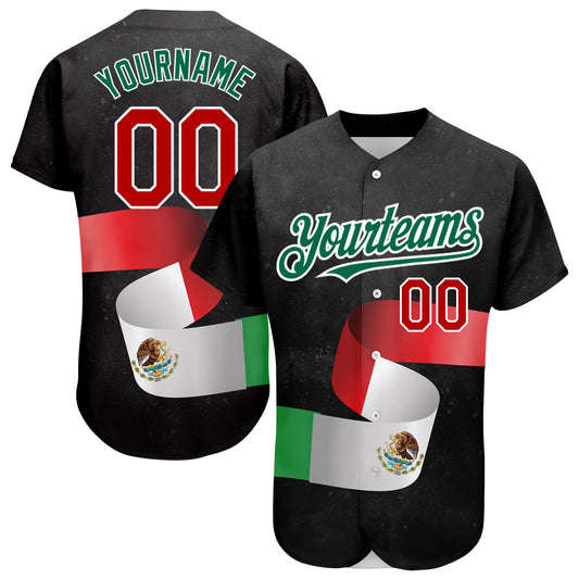 Custom Black Red Kelly Green 3D Mexican Flag Authentic Baseball Jersey - Sky-Custom