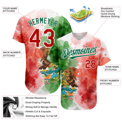 Custom Kelly Green Red-White 3D Mexican Flag Watercolored Splashes Grunge Design Authentic Baseball Jersey - Sky-Custom