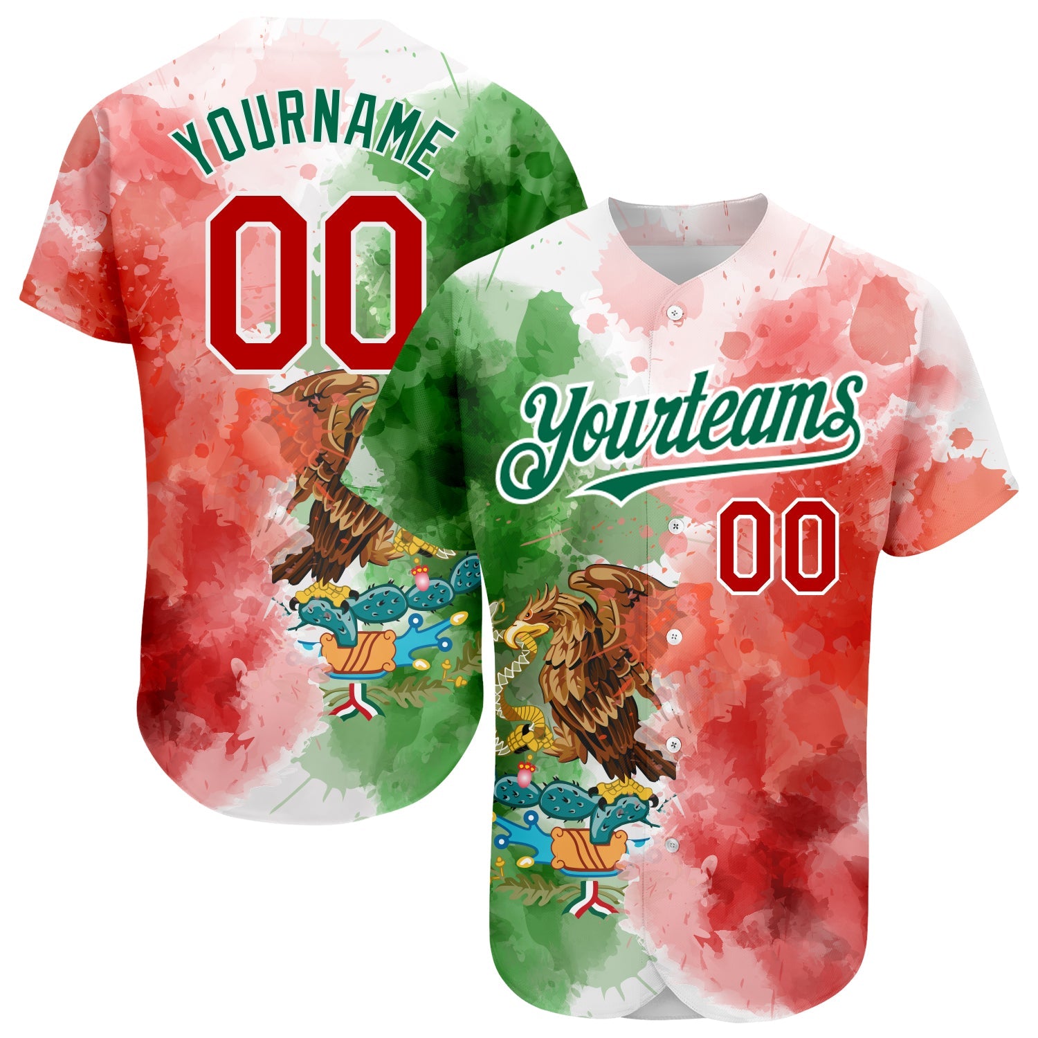 Custom Kelly Green Red-White 3D Mexican Flag Watercolored Splashes Grunge Design Authentic Baseball Jersey - Sky-Custom