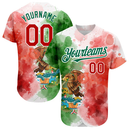 Custom Kelly Green Red-White 3D Mexican Flag Watercolored Splashes Grunge Design Authentic Baseball Jersey - Sky-Custom