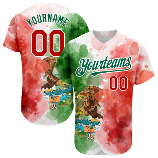 Custom Kelly Green Red-White 3D Mexican Flag Watercolored Splashes Grunge Design Authentic Baseball Jersey - Sky-Custom