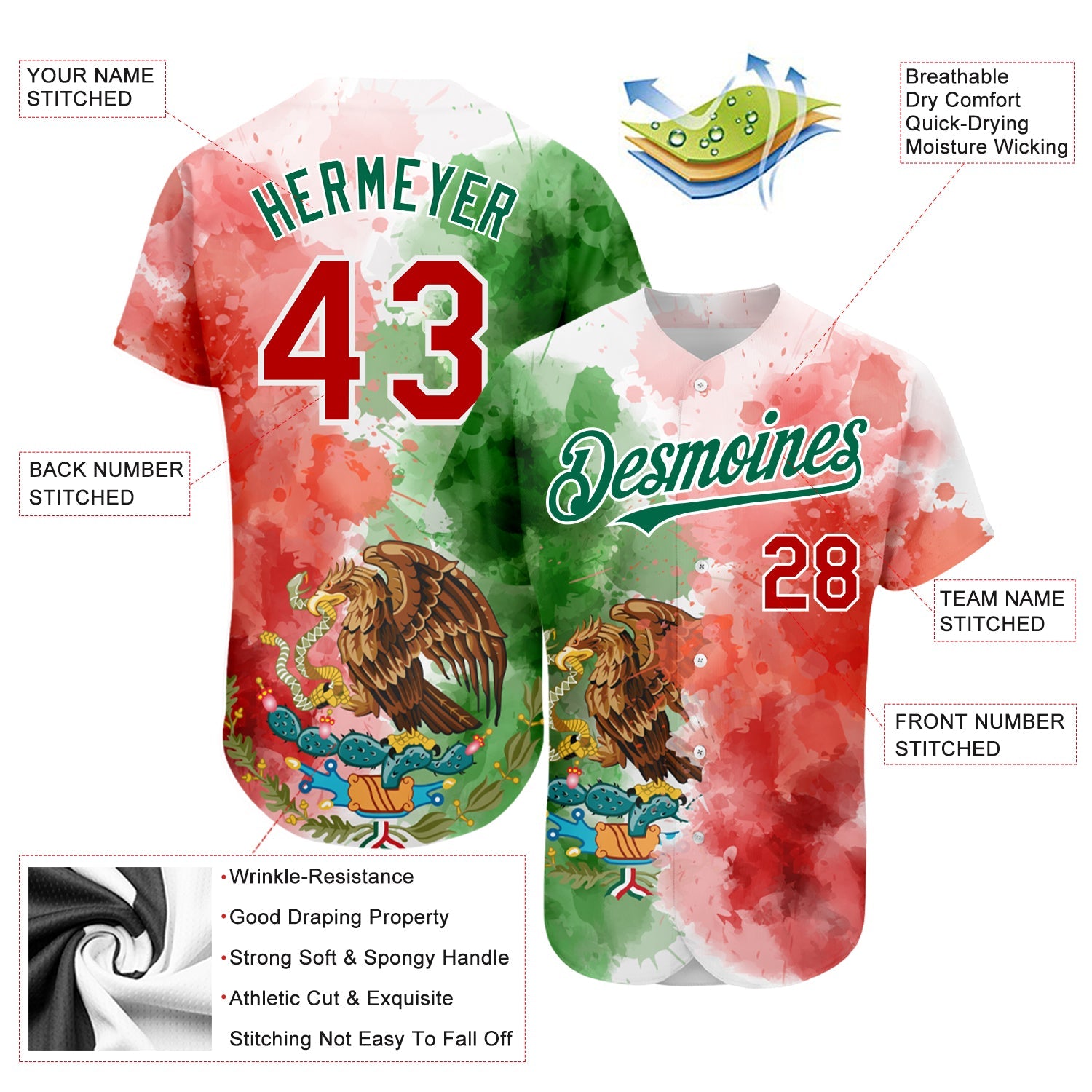 Custom Kelly Green Red-White 3D Mexican Flag Watercolored Splashes Grunge Design Authentic Baseball Jersey - Sky-Custom