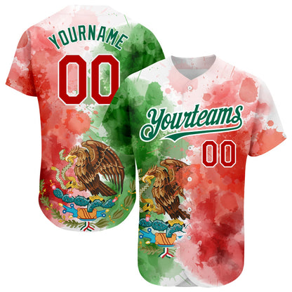Custom Kelly Green Red-White 3D Mexican Flag Watercolored Splashes Grunge Design Authentic Baseball Jersey - Sky-Custom