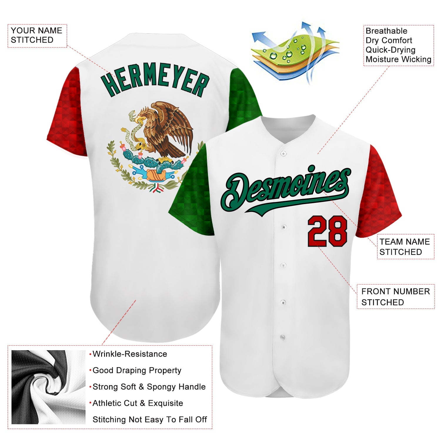 Custom White Red Kelly Green-Black 3D Mexican Flag Authentic Baseball Jersey - Sky-Custom