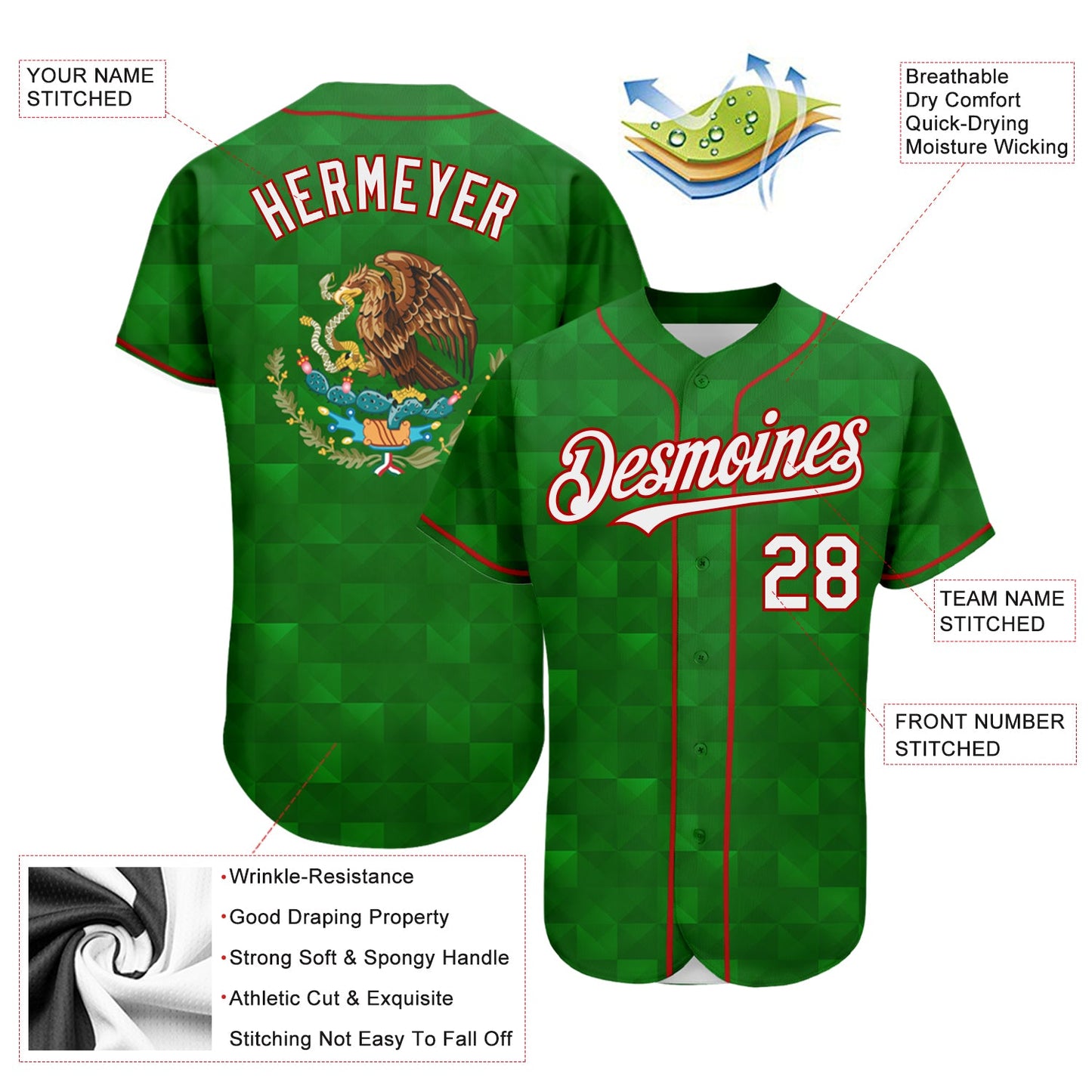 Custom Kelly Green White-Red 3D Mexico Authentic Baseball Jersey - Sky-Custom
