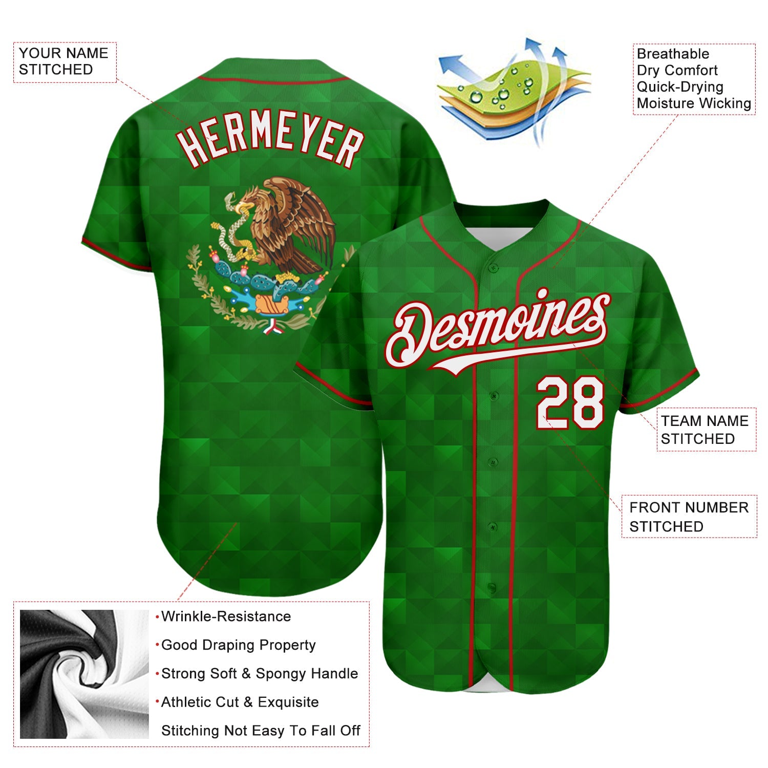 Custom Kelly Green White-Red 3D Mexico Authentic Baseball Jersey - Sky-Custom