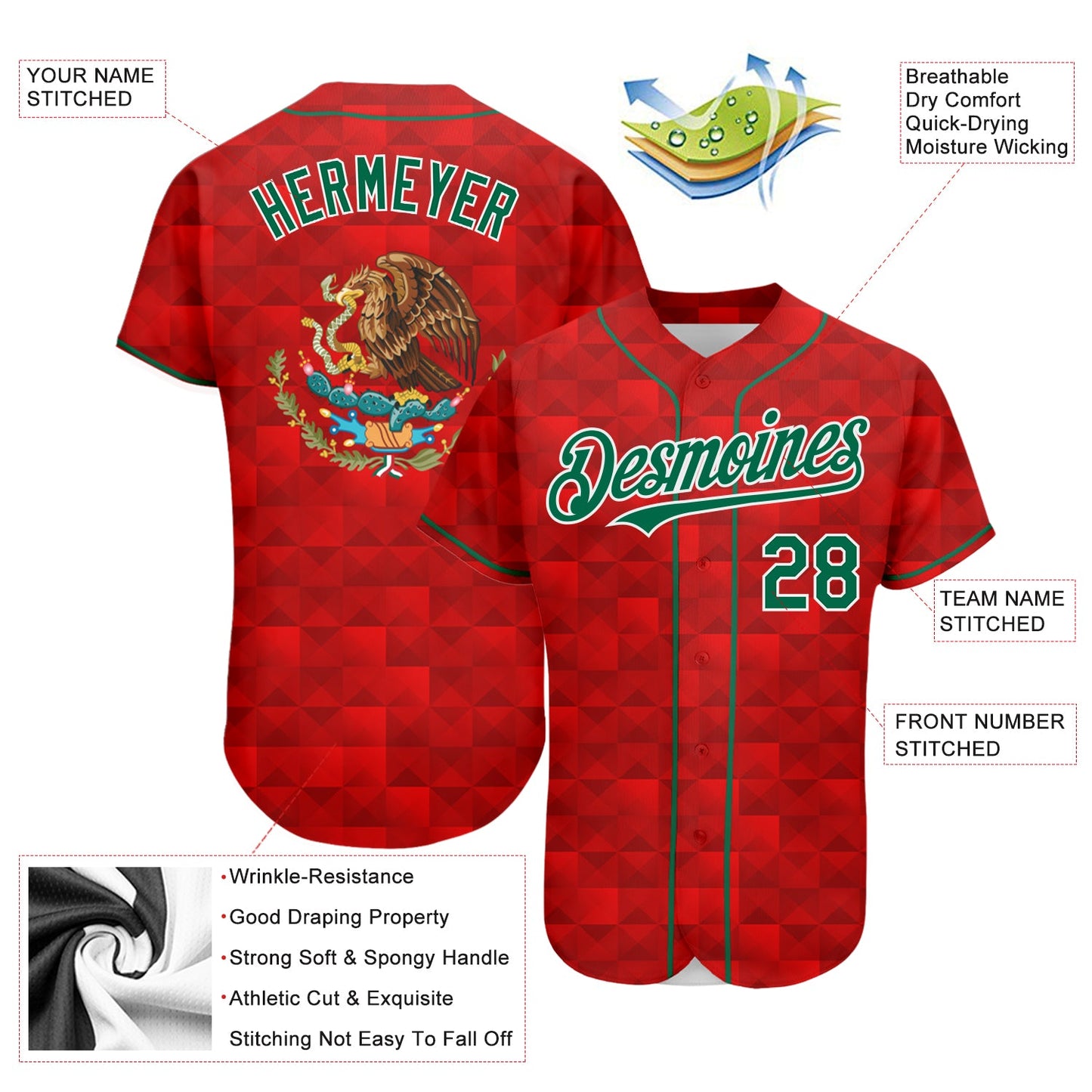 Custom Red Kelly Green-White 3D Mexico Authentic Baseball Jersey - Sky-Custom