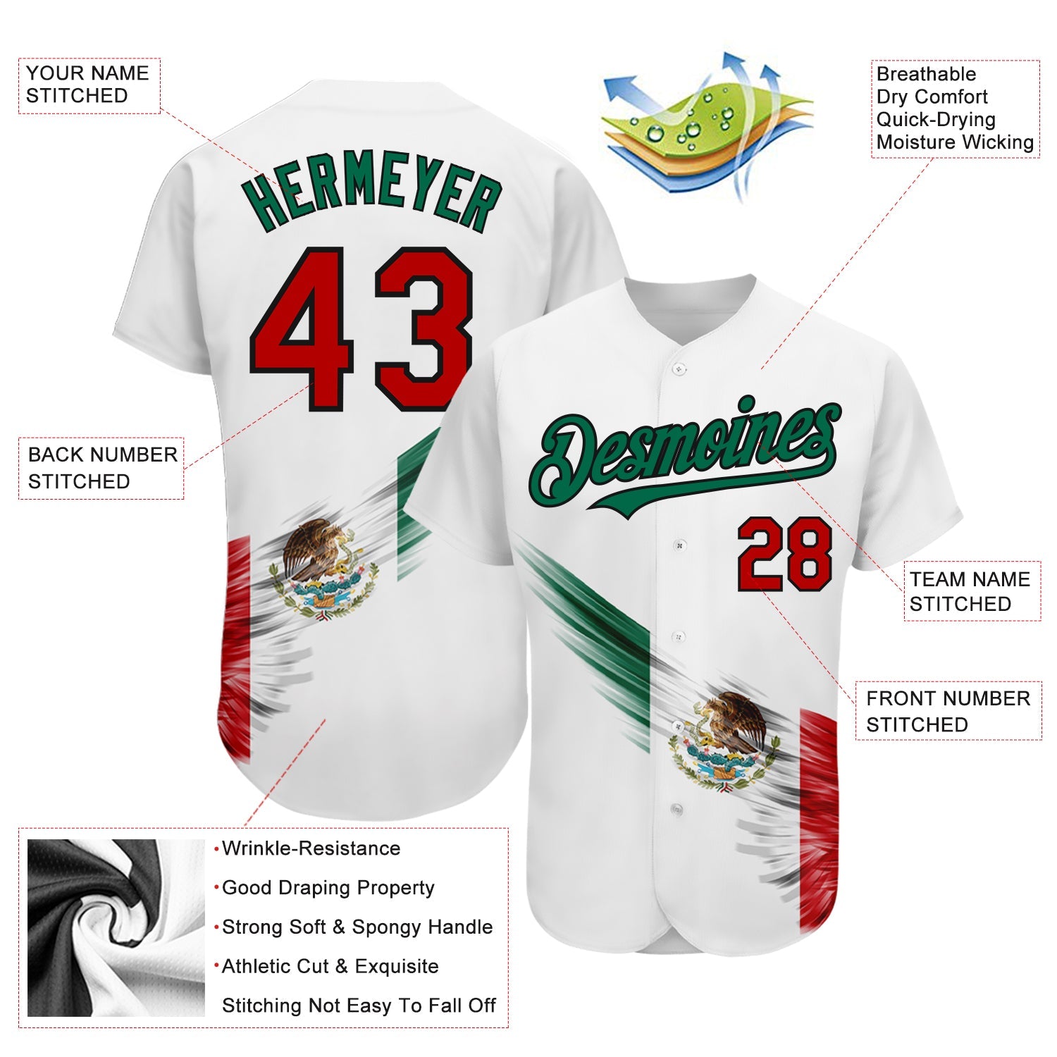 Custom White Red Kelly Green-Black 3D The Abstract Wing With Mexican Flag Authentic Baseball Jersey - Sky-Custom