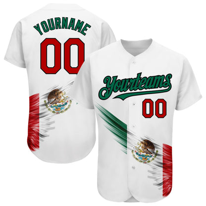 Custom White Red Kelly Green-Black 3D The Abstract Wing With Mexican Flag Authentic Baseball Jersey - Sky-Custom