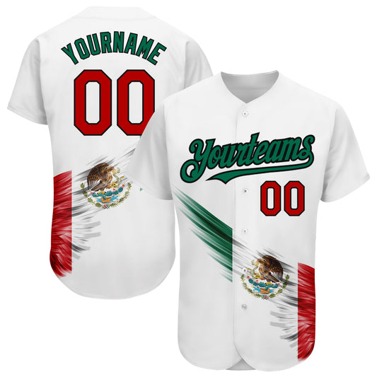 Custom White Red Kelly Green-Black 3D The Abstract Wing With Mexican Flag Authentic Baseball Jersey - Sky-Custom