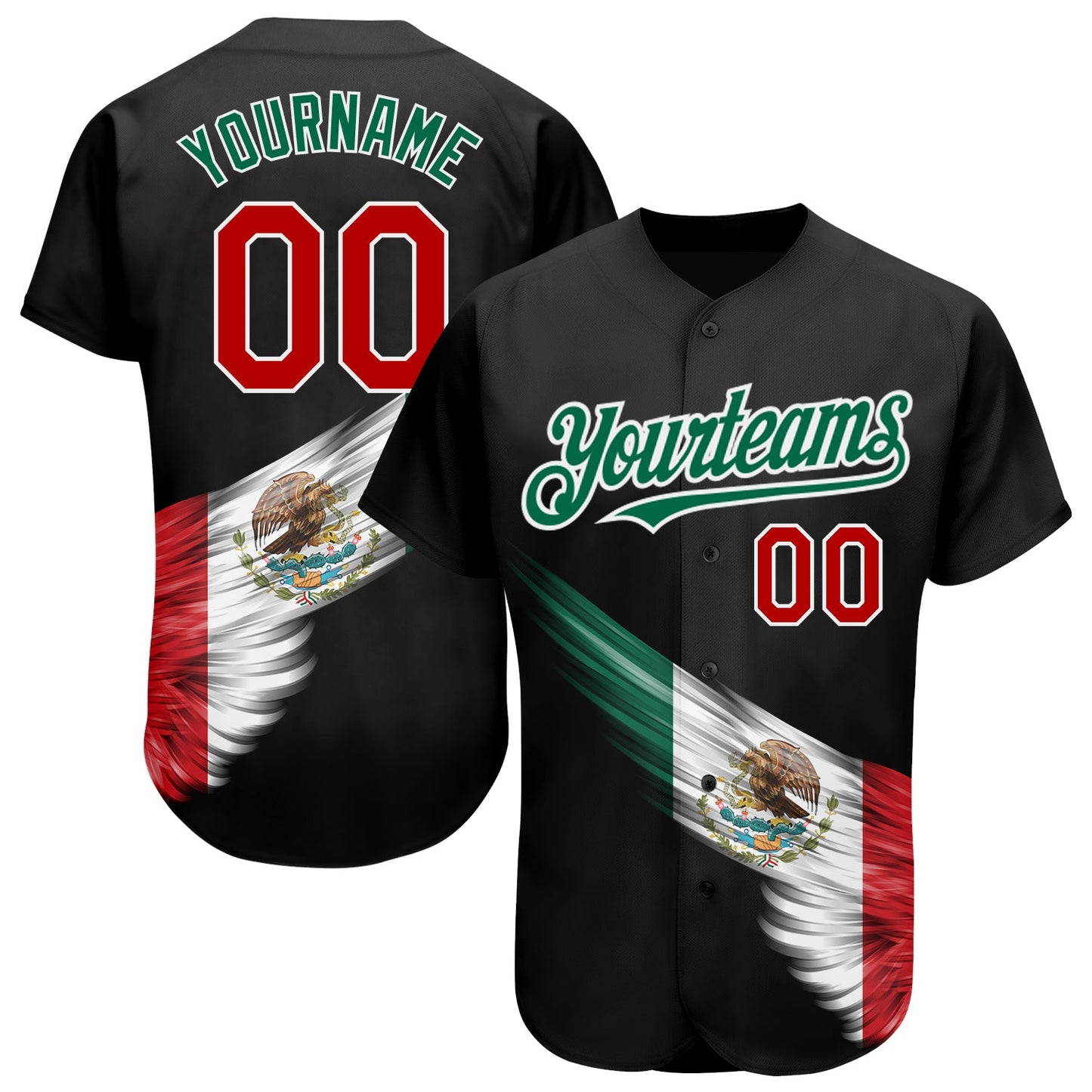 Custom Black Red-Kelly Green 3D The Abstract Wing With Mexican Flag Authentic Baseball Jersey - Sky-Custom