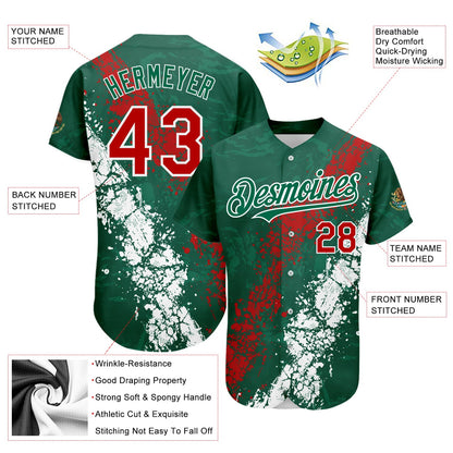 Custom Kelly Green Red-White 3D Mexico Authentic Baseball Jersey - Sky-Custom