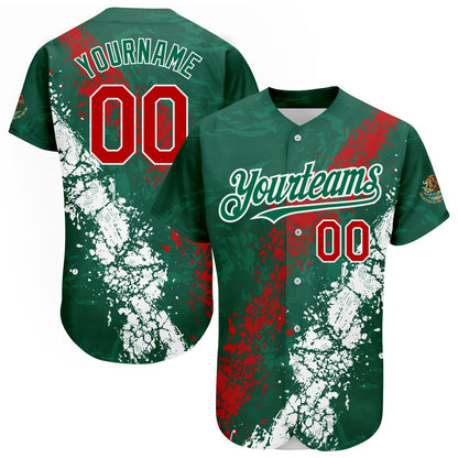 Custom Kelly Green Red-White 3D Mexico Authentic Baseball Jersey - Sky-Custom