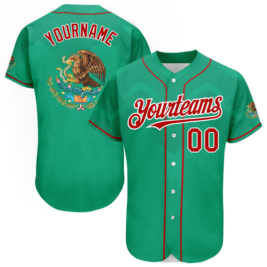 Custom Kelly Green Red-White 3D Mexico Authentic Baseball Jersey - Sky-Custom
