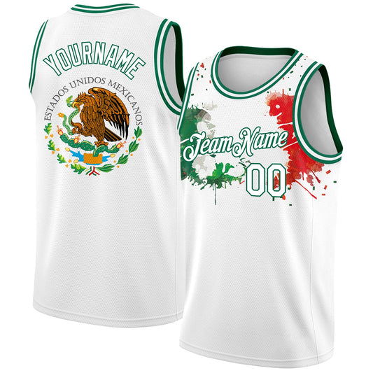 Custom White Kelly Green-Red 3D Mexican Flag Splashes Authentic Basketball Jersey - Sky-Custom