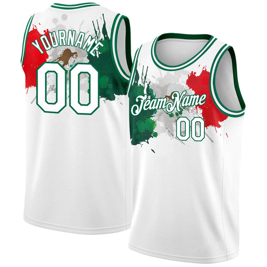Custom White Kelly Green-Red 3D Mexico Splashes Authentic Basketball Jersey - Sky-Custom
