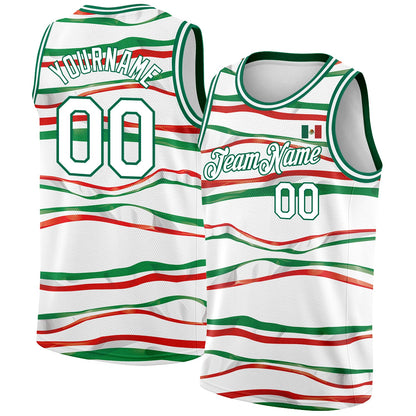 Custom White Kelly Green-Red 3D Mexican Flag Authentic Basketball Jersey - Sky-Custom