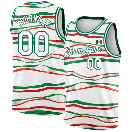 Custom White Kelly Green-Red 3D Mexican Flag Authentic Basketball Jersey - Sky-Custom